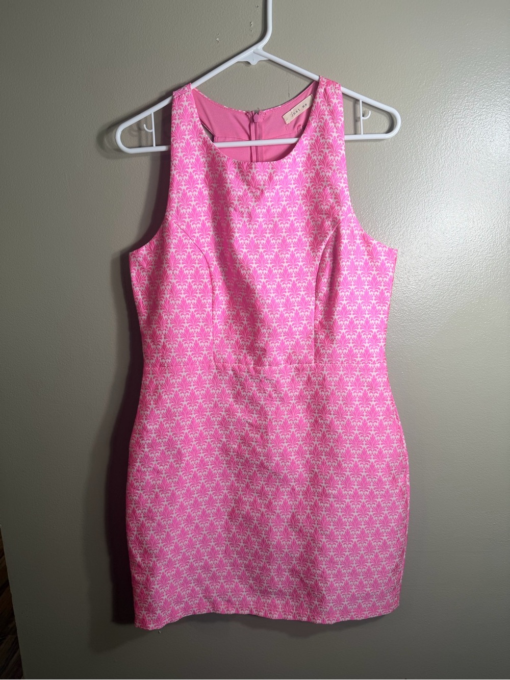 Just Me Pink White Brocade Print Sleeveless Sheath Dress Barbiecore Medium